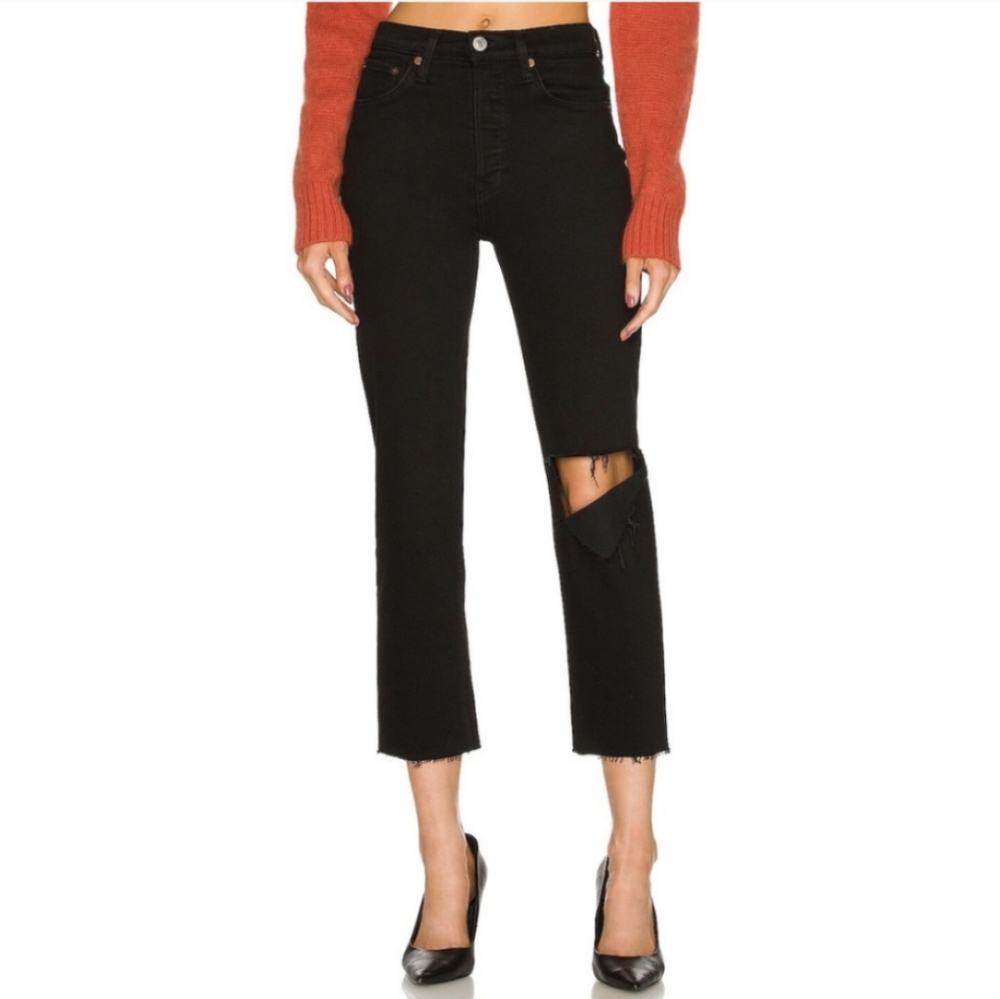 RE-DONE Originals High Rise Button Fly Loose Washed Black With Rips Denim Size27